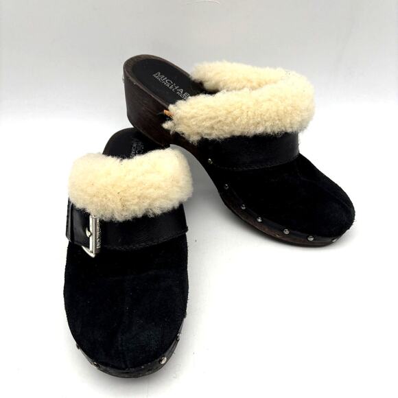 Michael Kors Black Suede Leather Wool Shearling Studded Wood Mules 7 Brazil Made - Picture 1 of 16
